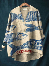 Women's Vintage Fish Sardines Art Print Casual Cotton And Linen V-neck Shirt